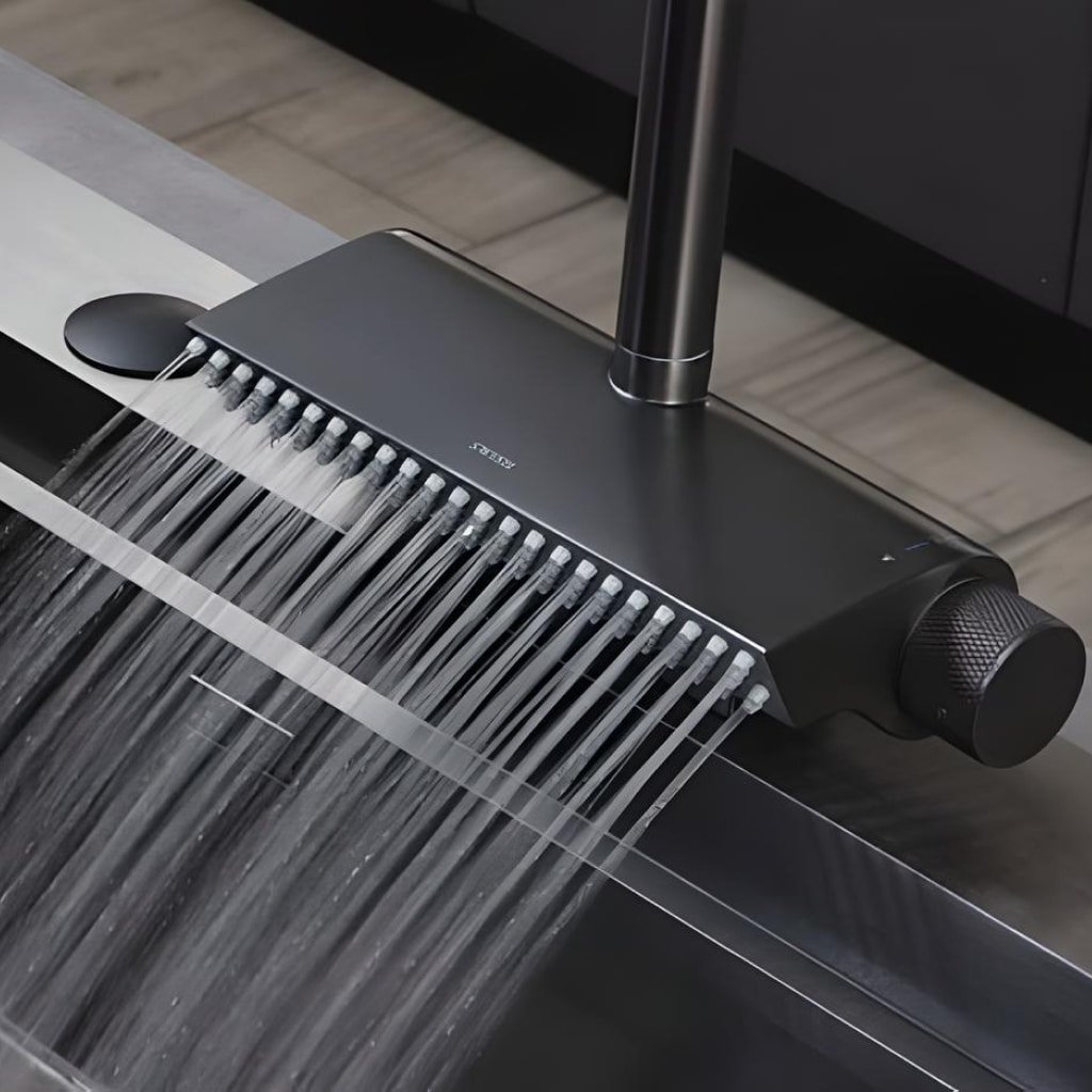 Contemporary Black Brass Waterfall Kitchen Faucet with Pull-Out Sprayer Furniture
