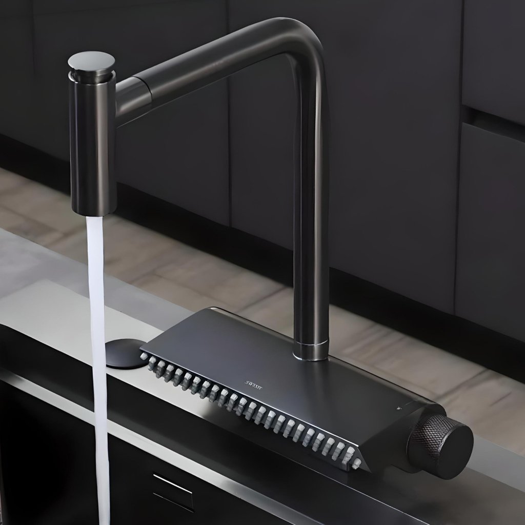 Contemporary Black Brass Waterfall Kitchen Faucet with Pull-Out Sprayer Furniture