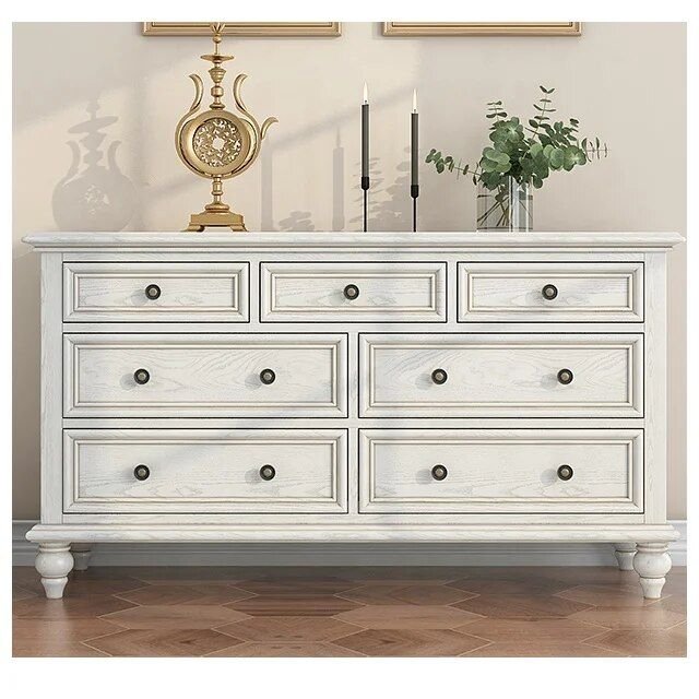 Elegant Large White Solid Wood 7/9 Drawer Chest with Brass Handles - Perfect for Bedroom and Living Room Furniture