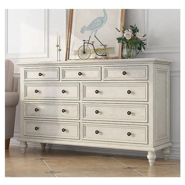 Elegant Large White Solid Wood 7/9 Drawer Chest with Brass Handles - Perfect for Bedroom and Living Room Furniture