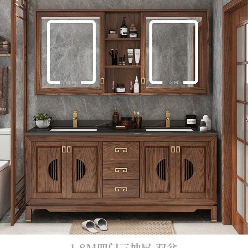 Elegant Vintage Oak Bathroom Vanity with Ceramic Sink and Slate Countertop Furniture