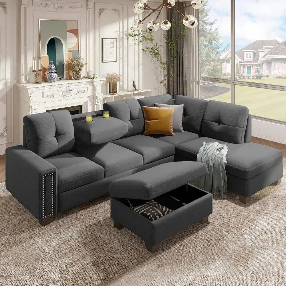 L-Shaped Sofa with Reversible Recliner and Ottoman Furniture