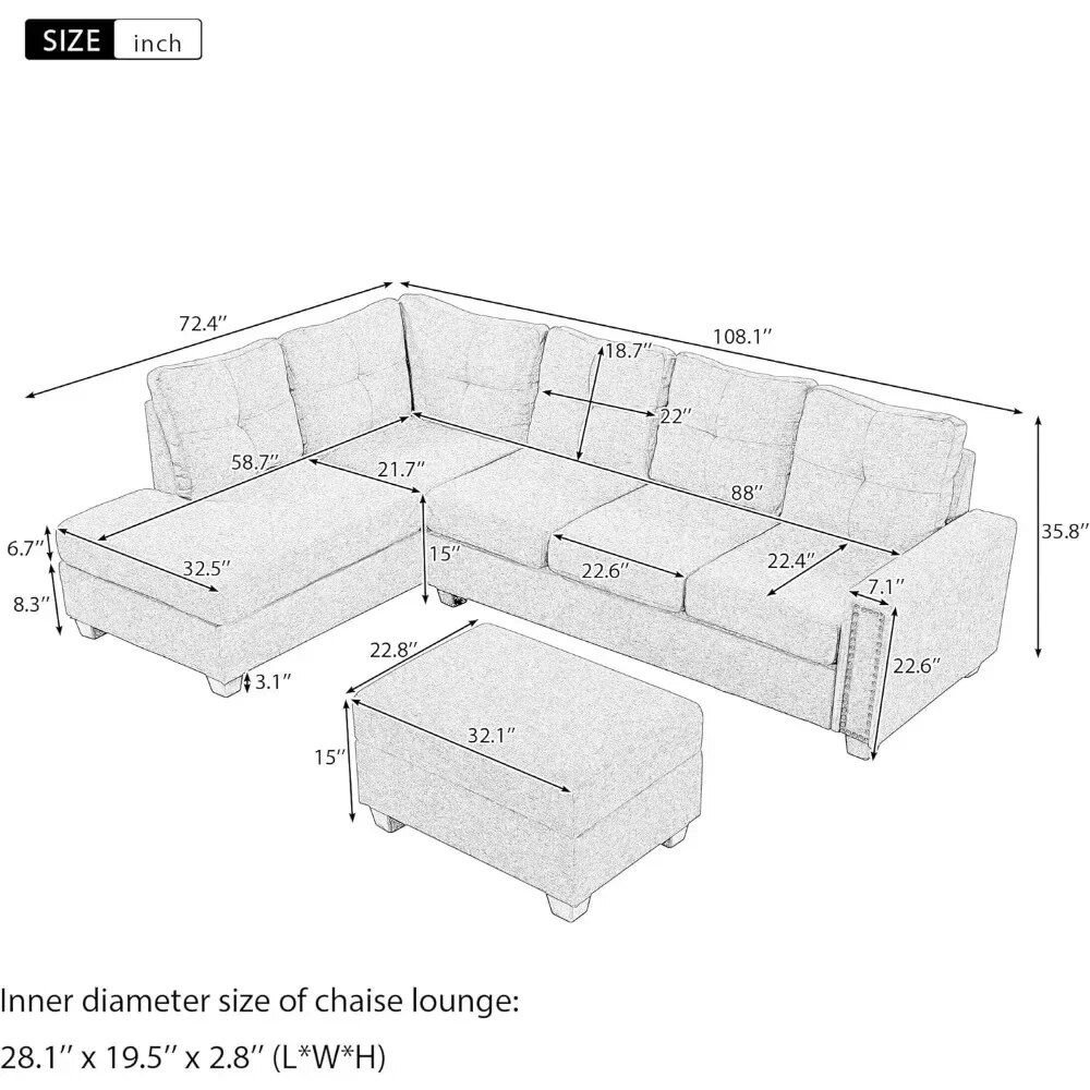 L-Shaped Sofa with Reversible Recliner and Ottoman Furniture