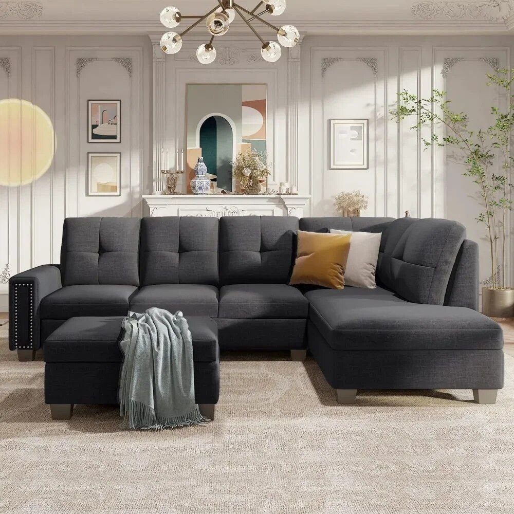 L-Shaped Sofa with Reversible Recliner and Ottoman Furniture