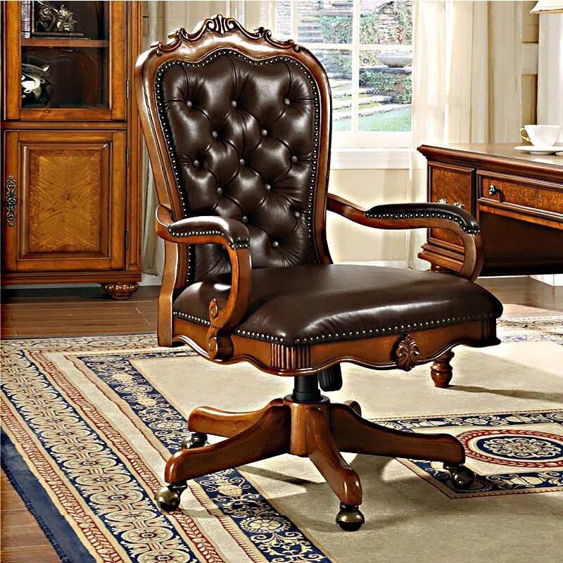Luxurious Retro Carved Wood and Leather Swivel Office Chair Furniture