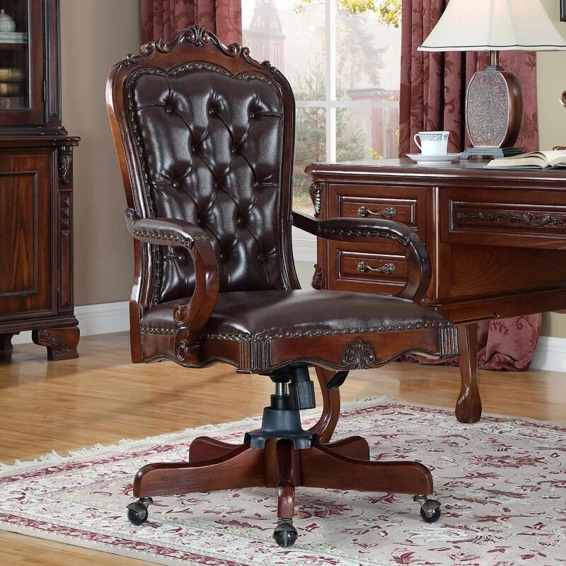 Luxurious Retro Carved Wood and Leather Swivel Office Chair Furniture