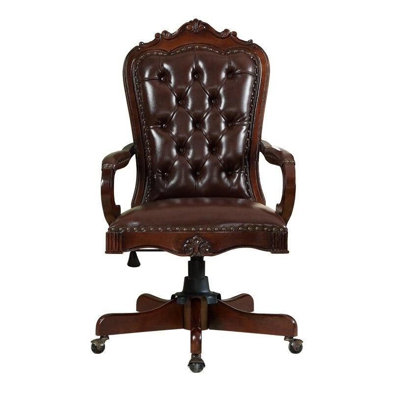 Luxurious Retro Carved Wood and Leather Swivel Office Chair Furniture