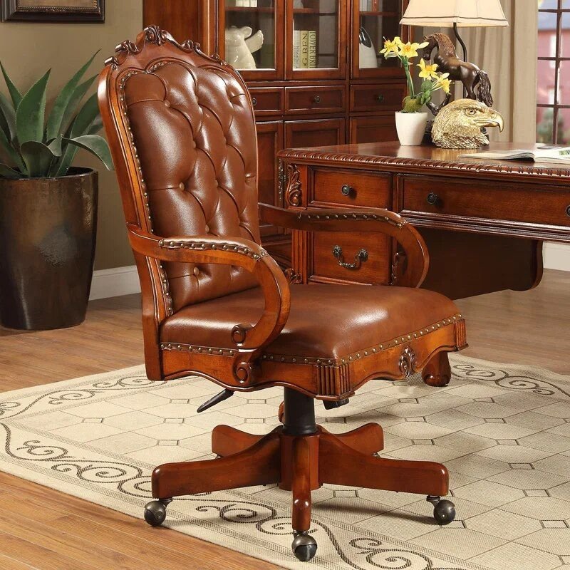 Luxurious Retro Carved Wood and Leather Swivel Office Chair Furniture