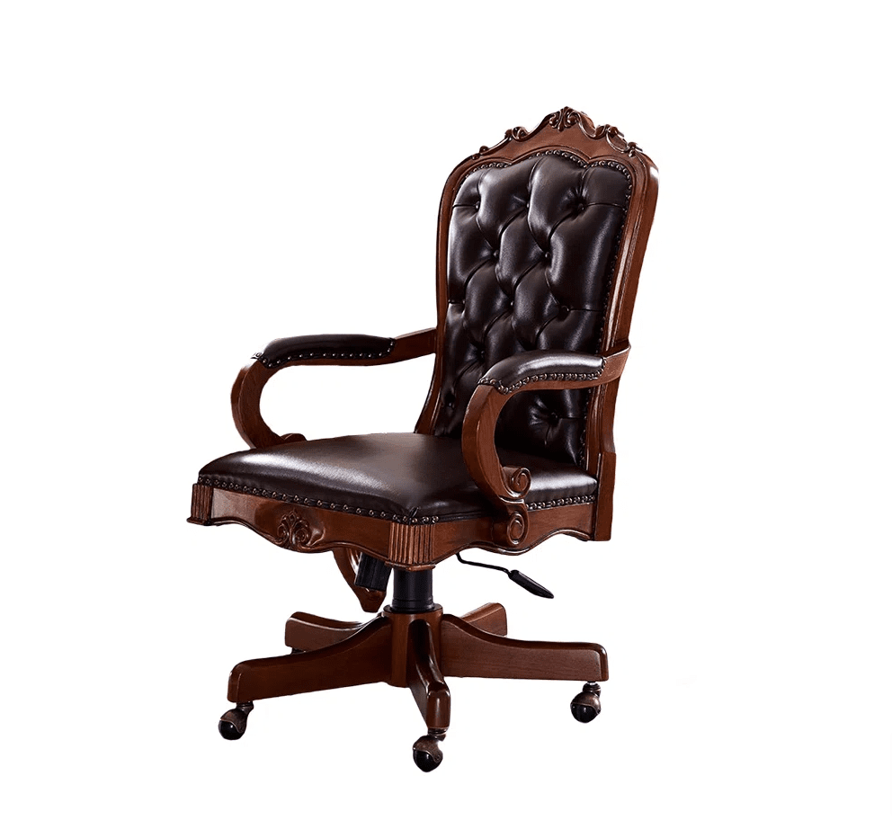Luxurious Retro Carved Wood and Leather Swivel Office Chair Furniture