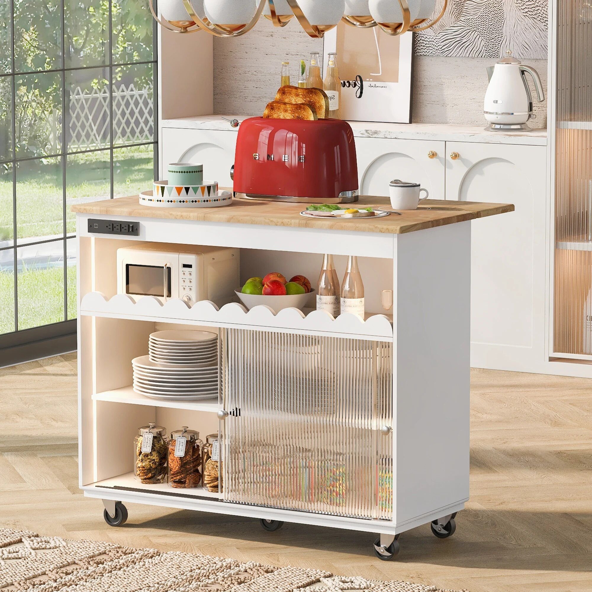 Luxury LED-Lit Kitchen Island Cart with Sliding Glass Doors and Integrated Power Outlets Bathroom Cabinet Bathroom Mirror Bowls Cat Chopping Boards christmas gift cat christmas gift dog Dog Furniture Kitchen Utensil Set