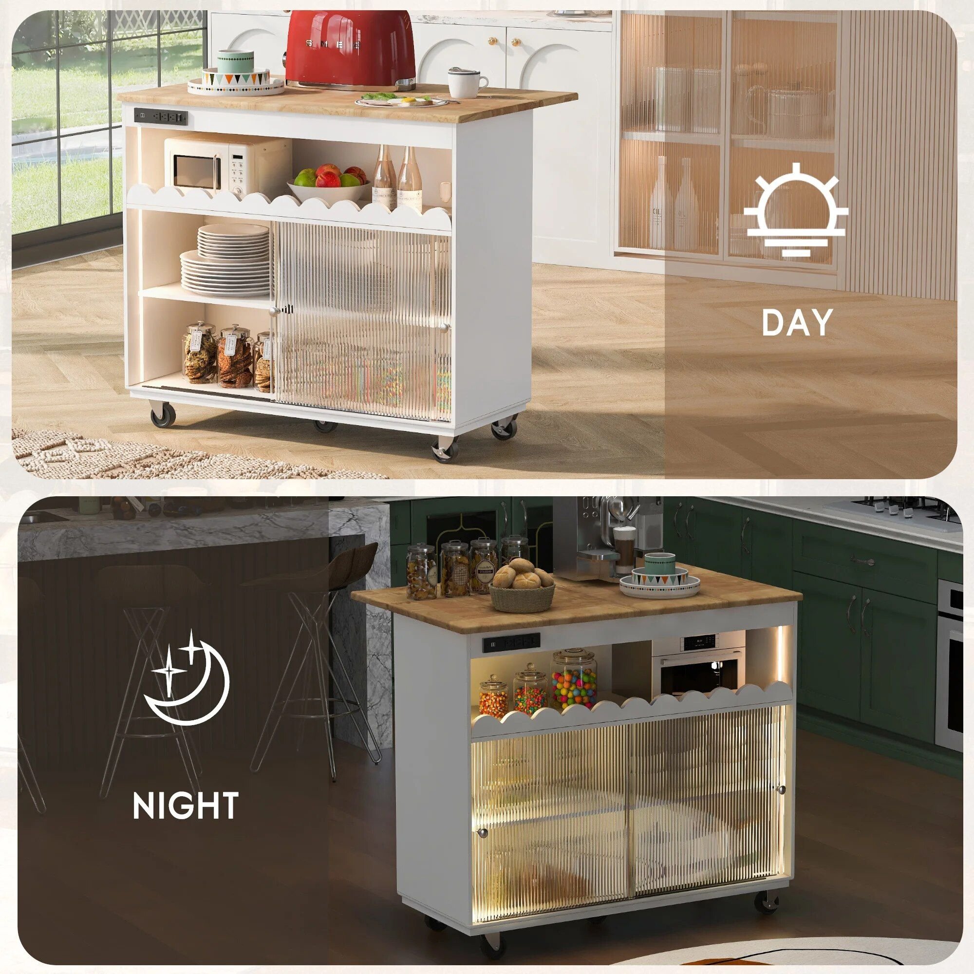 Luxury LED-Lit Kitchen Island Cart with Sliding Glass Doors and Integrated Power Outlets Bathroom Cabinet Bathroom Mirror Bowls Cat Chopping Boards christmas gift cat christmas gift dog Dog Furniture Kitchen Utensil Set