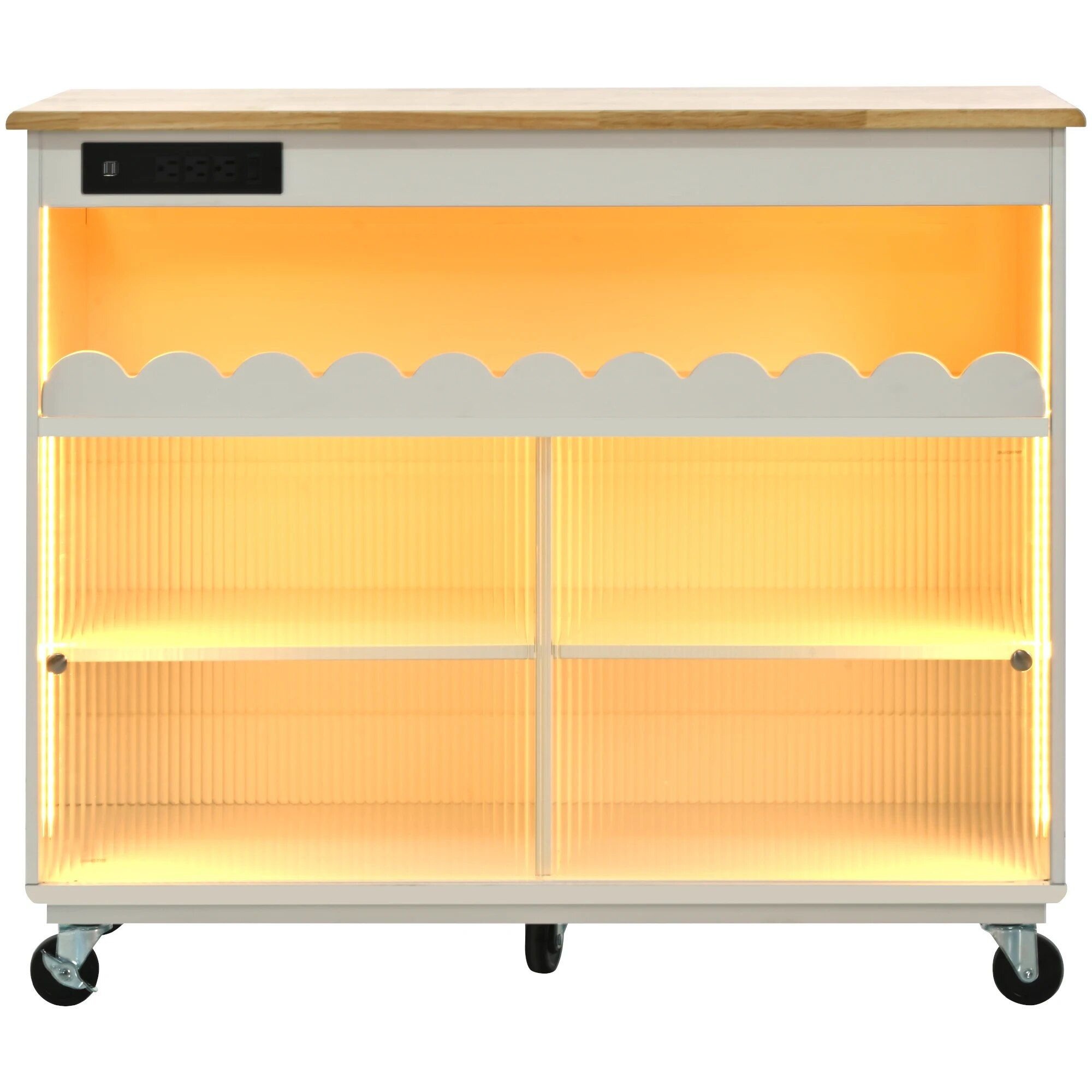 Luxury LED-Lit Kitchen Island Cart with Sliding Glass Doors and Integrated Power Outlets Bathroom Cabinet Bathroom Mirror Bowls Cat Chopping Boards christmas gift cat christmas gift dog Dog Furniture Kitchen Utensil Set