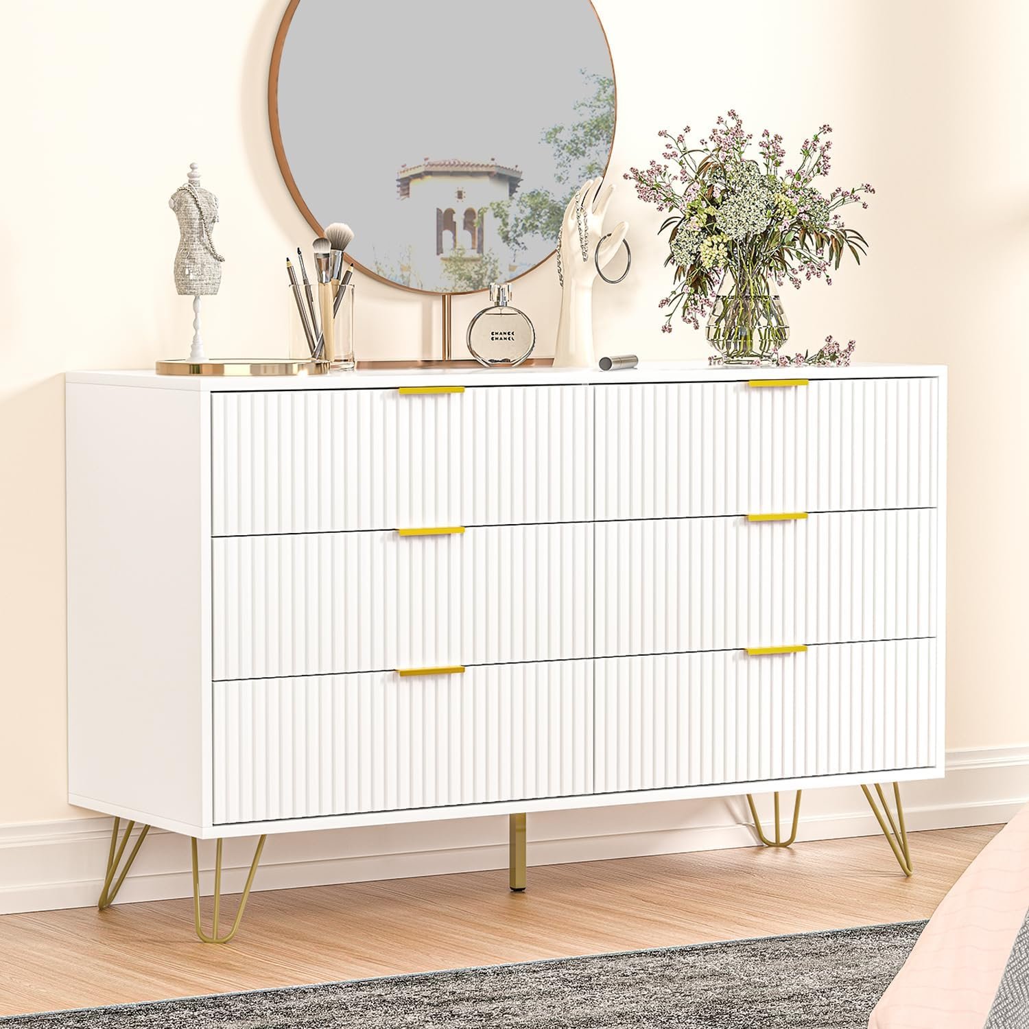 Modern 6-Drawer White Dresser with Gold Handles Bathroom Cabinet Bathroom Mirror Bowls Cat Chopping Boards christmas gift cat christmas gift dog Dog Furniture Kitchen Utensil Set