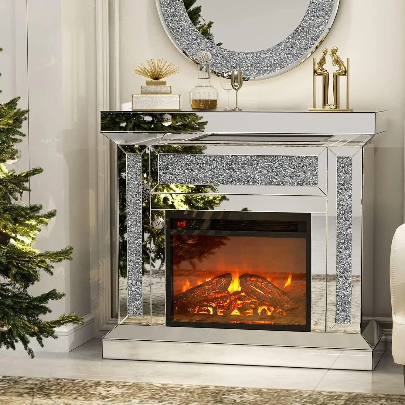 Modern Art Deco Mirrored Electric Fireplace Furniture