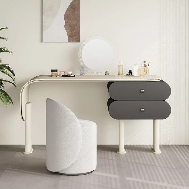 Modern Minimalist Oak Vanity Set with Saddle Leather Dressing Table and Mirror Cat Furniture