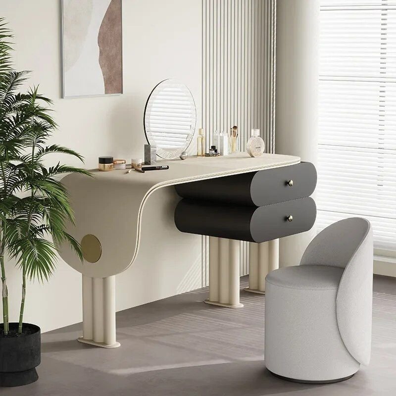 Modern Minimalist Oak Vanity Set with Saddle Leather Dressing Table and Mirror Cat Furniture