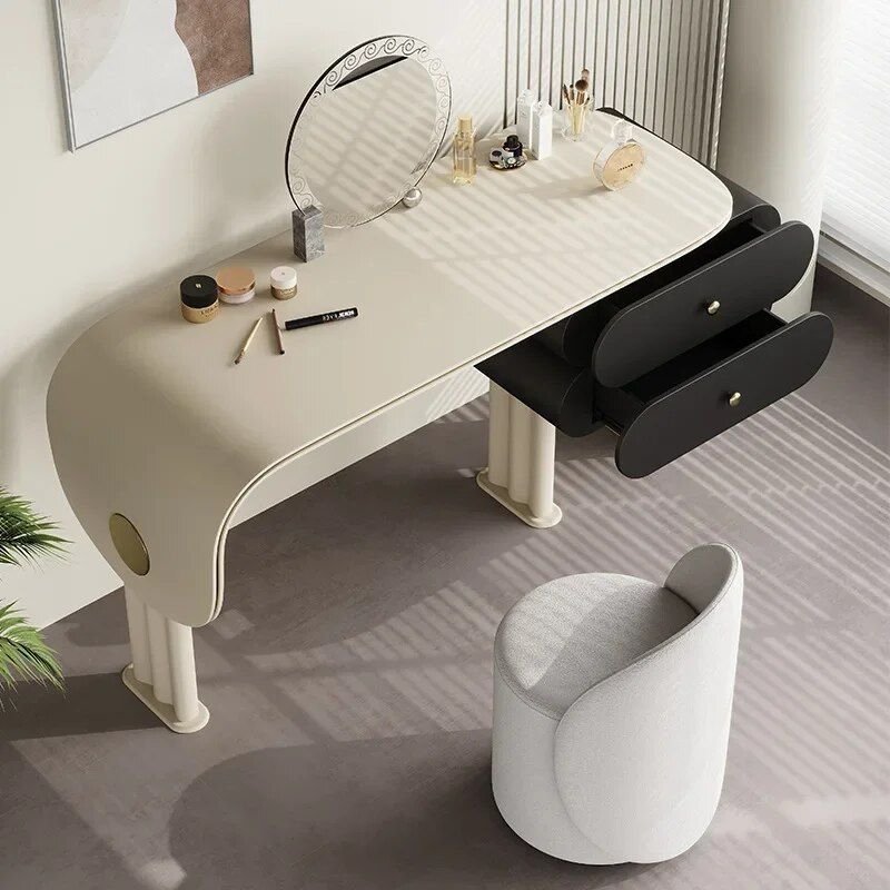 Modern Minimalist Oak Vanity Set with Saddle Leather Dressing Table and Mirror Cat Furniture