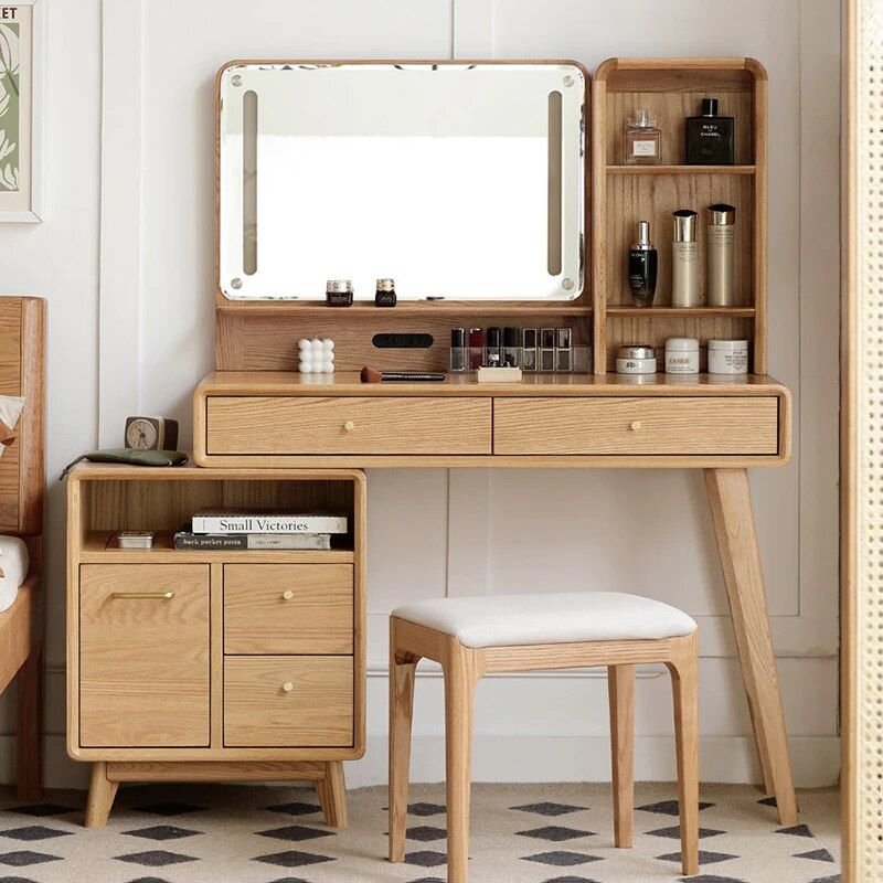Modern Oak Wood Dresser with Art Pattern Mirror Furniture