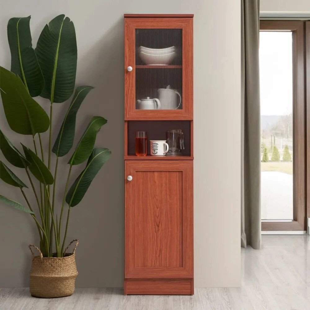 Slim Tall Storage Cabinet with Open Shelf & Enclosed Space for Kitchen and Living Room Furniture Shelf for Small Spaces