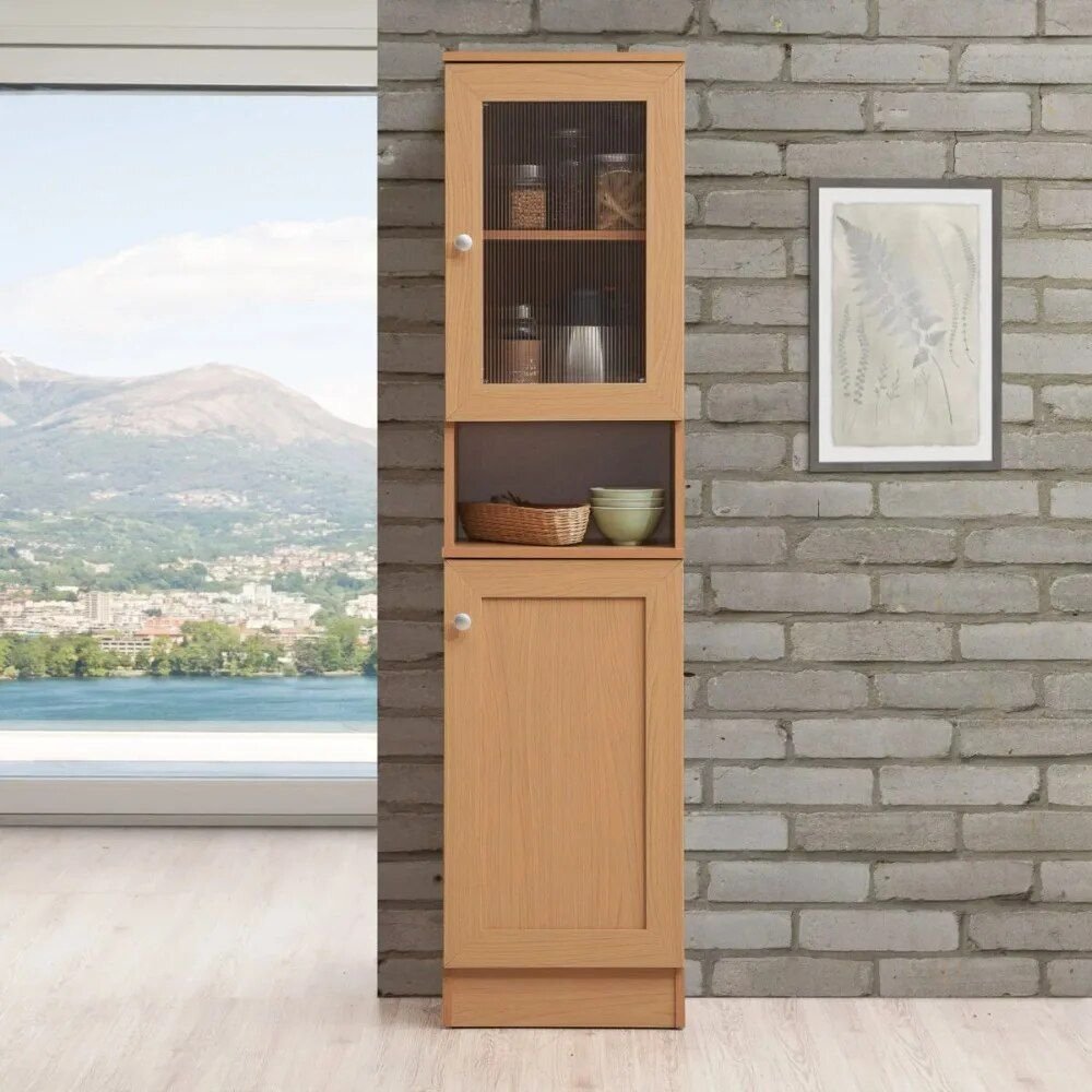 Slim Tall Storage Cabinet with Open Shelf & Enclosed Space for Kitchen and Living Room Furniture Shelf for Small Spaces